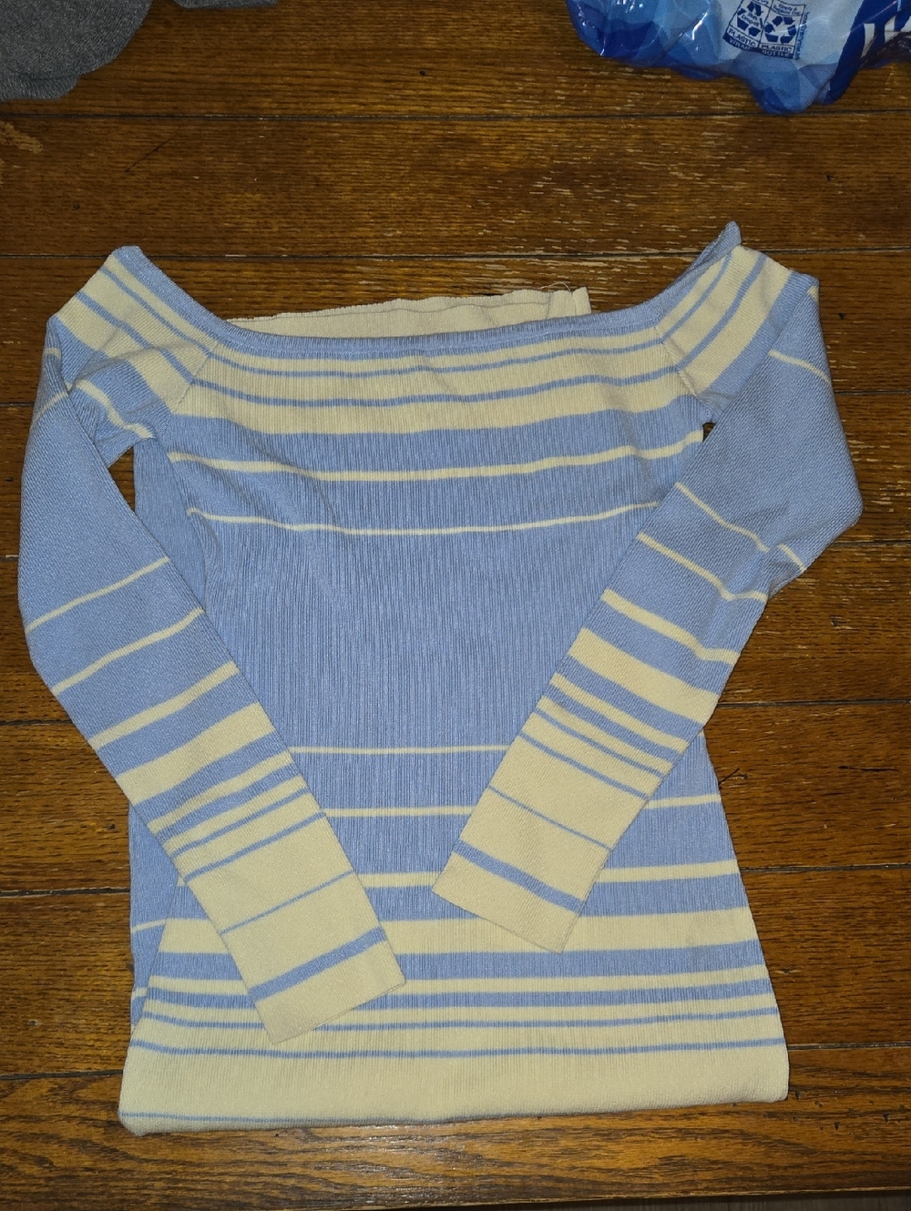 Fashion Nova Light Blue and Cream Striped Off-Shoulder Sweater